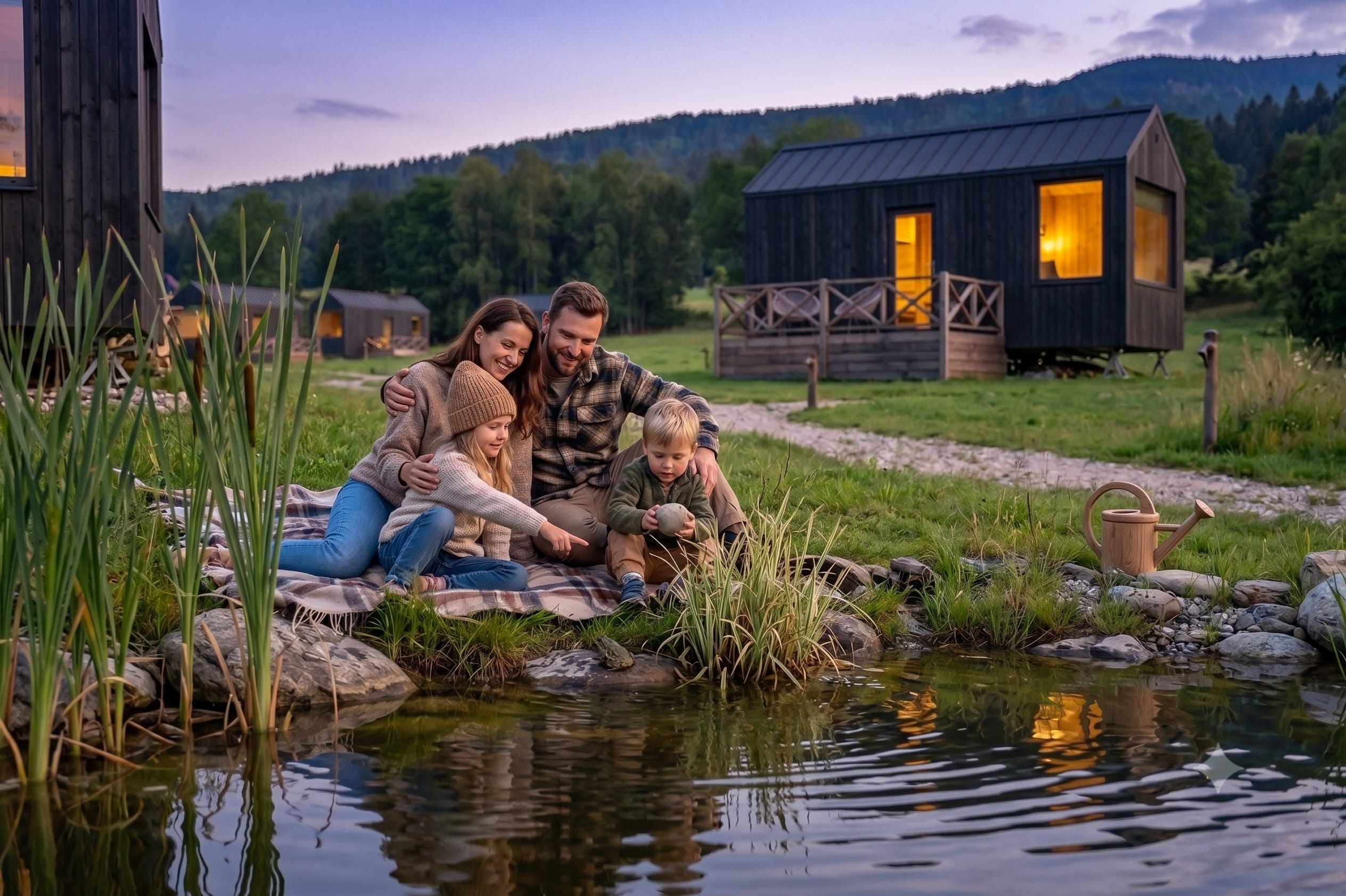 Familie am Teich bei Walden in der Dämmerung