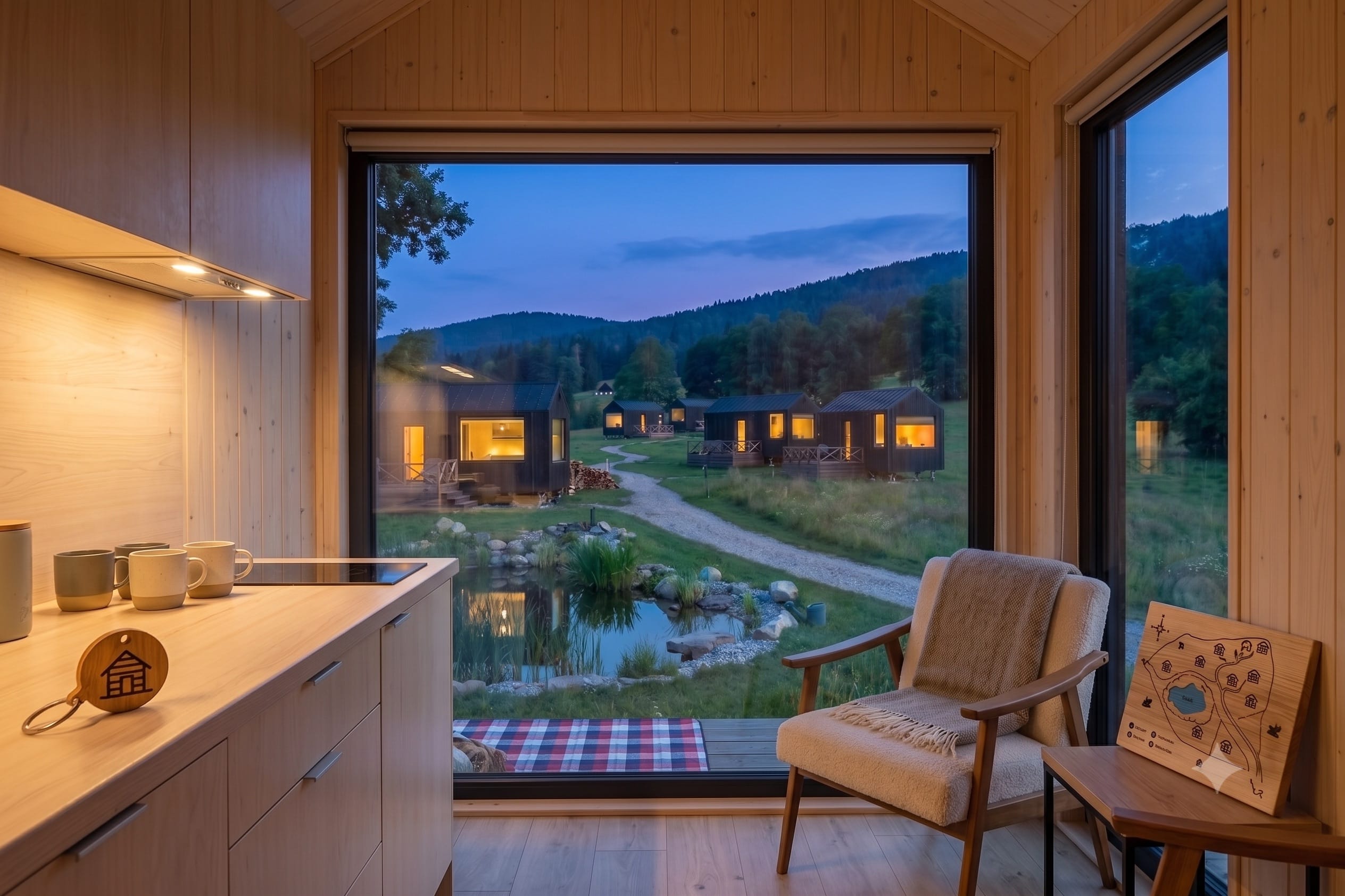Cabin-Interieur mit Blick durch große Fenster