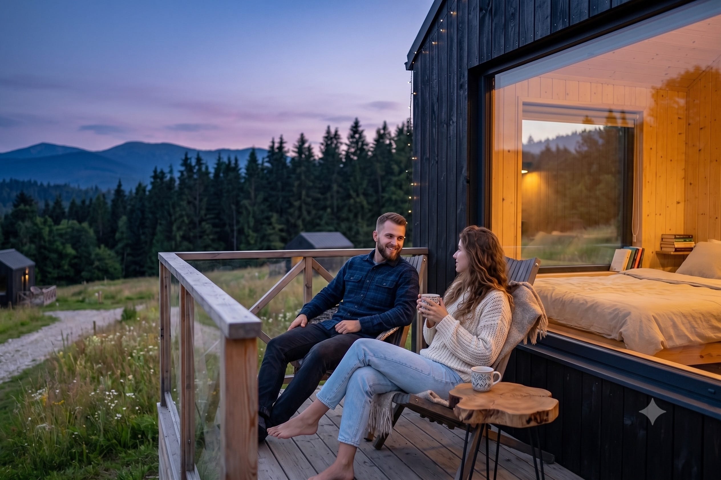 Paar auf der Terrasse mit Waldblick